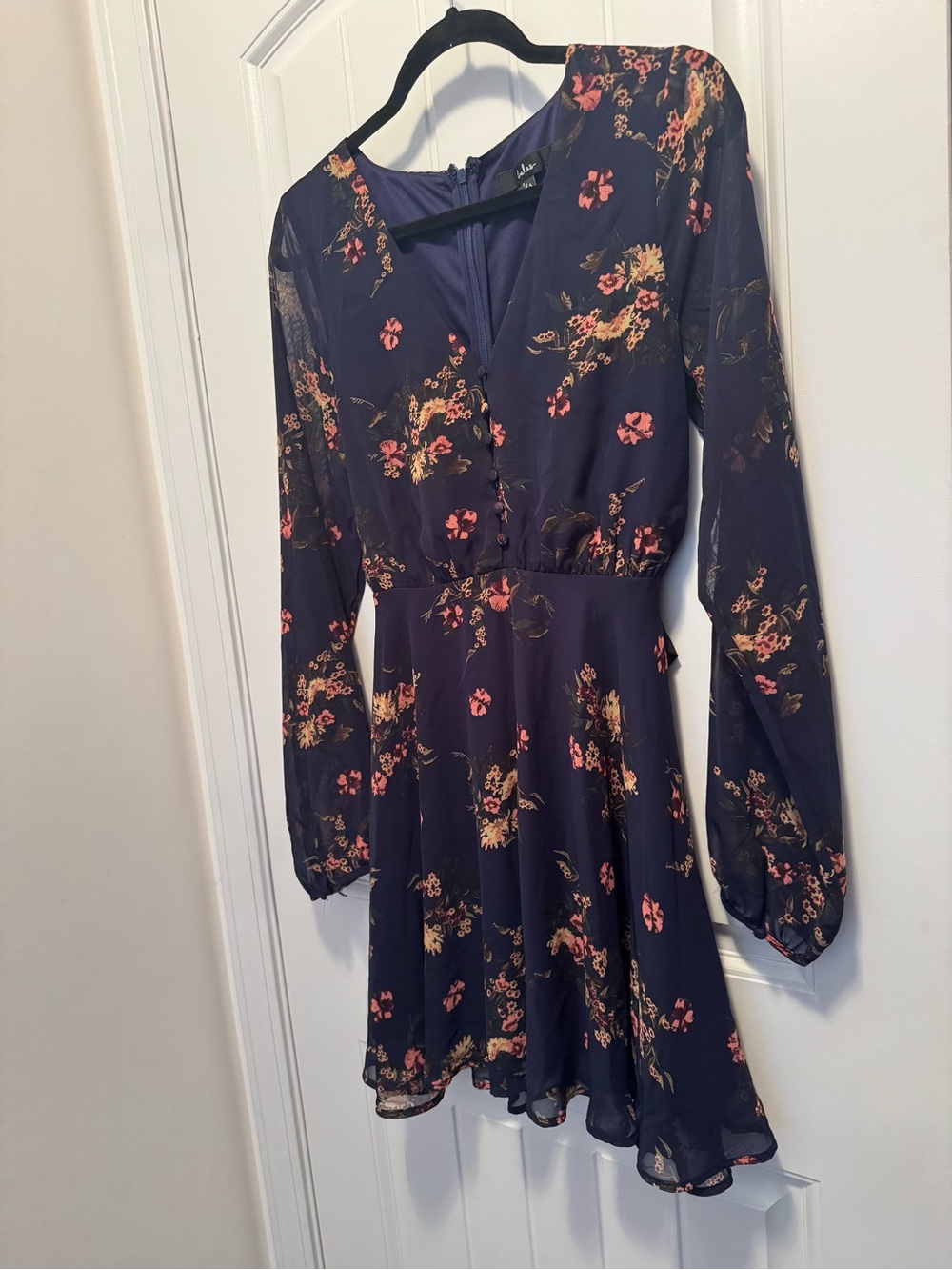 Lulus Small Navy Floral Long Sleeve Chiffon Fit & Flare Mini Dress